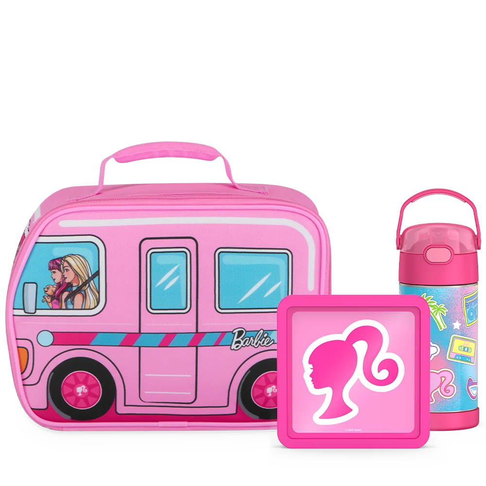 THERMOS Barbie Bundle - Novelty Barbie Camper Lunch Box, 12oz. FUNtainer Water Bottle and Hard Ice